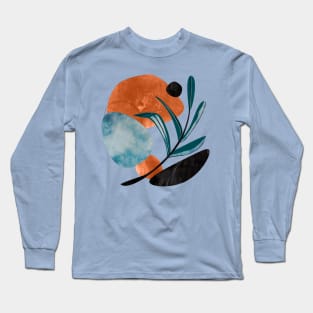 Minimalist olive branch with abstract blue and gold textures Long Sleeve T-Shirt